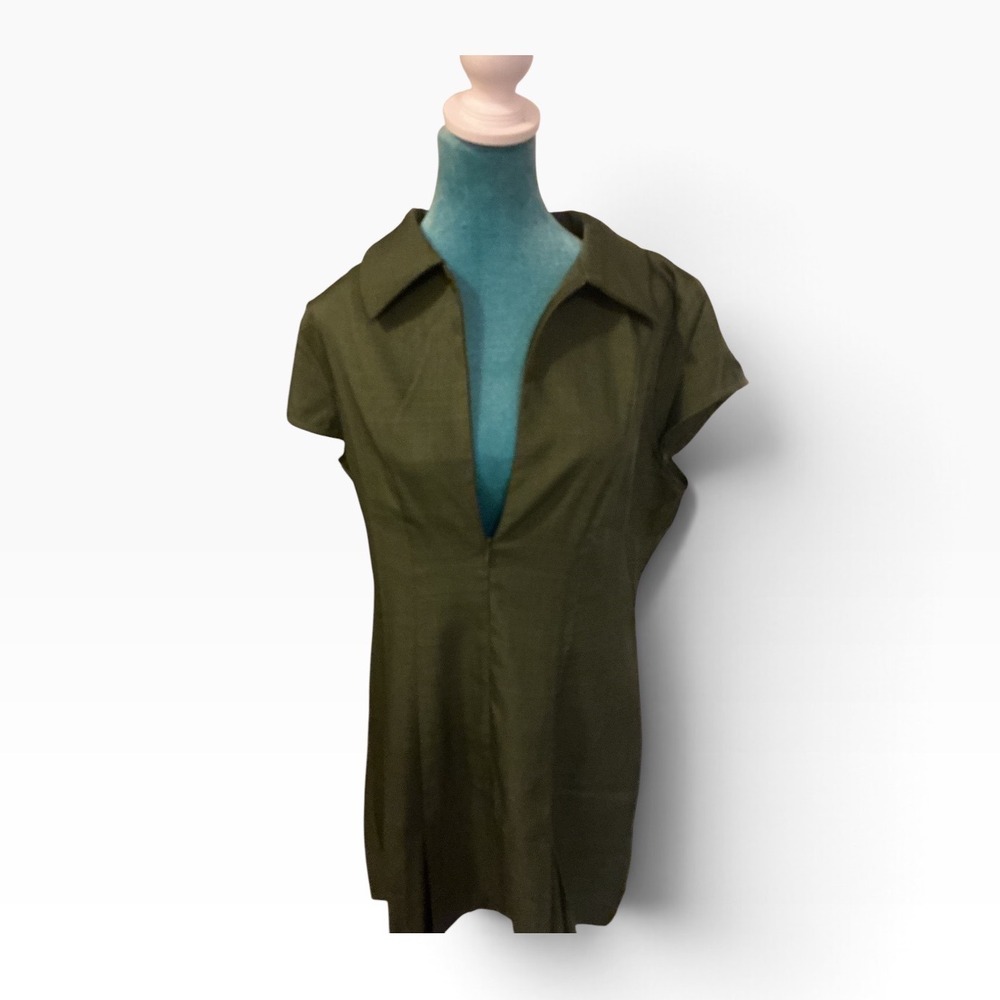 Olive Green Cap Sleeve Mini Dress with Collar and Deep V-Neckline